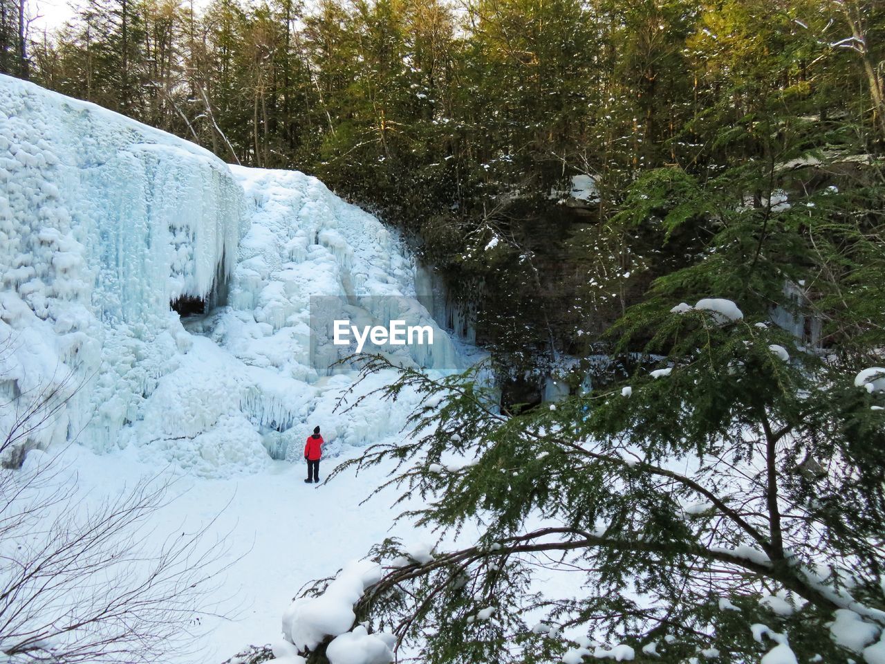 High angle view of man standing by frozen waterfall in forest