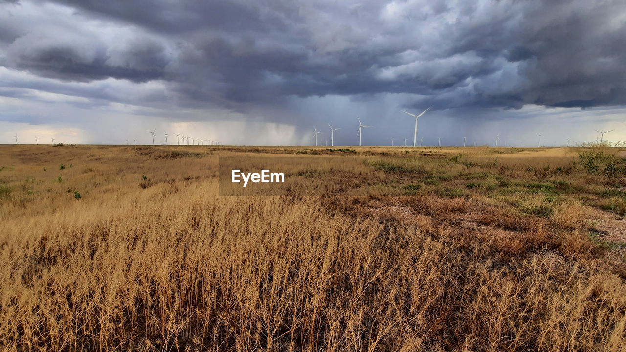 Scenic view of field with wind turbines against cloudy sky