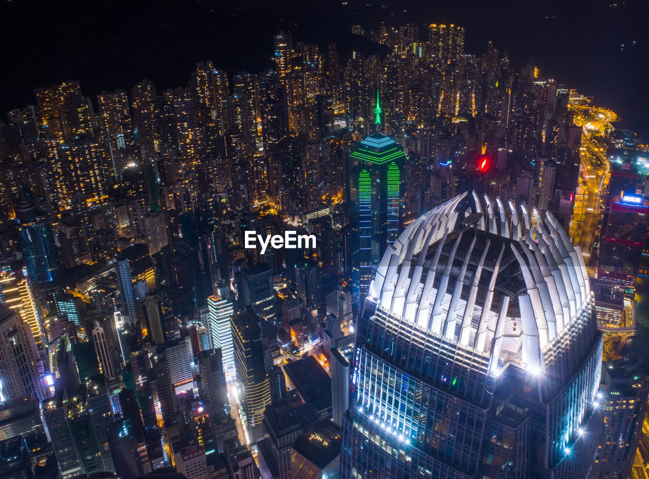 High angle view of illuminated buildings at night