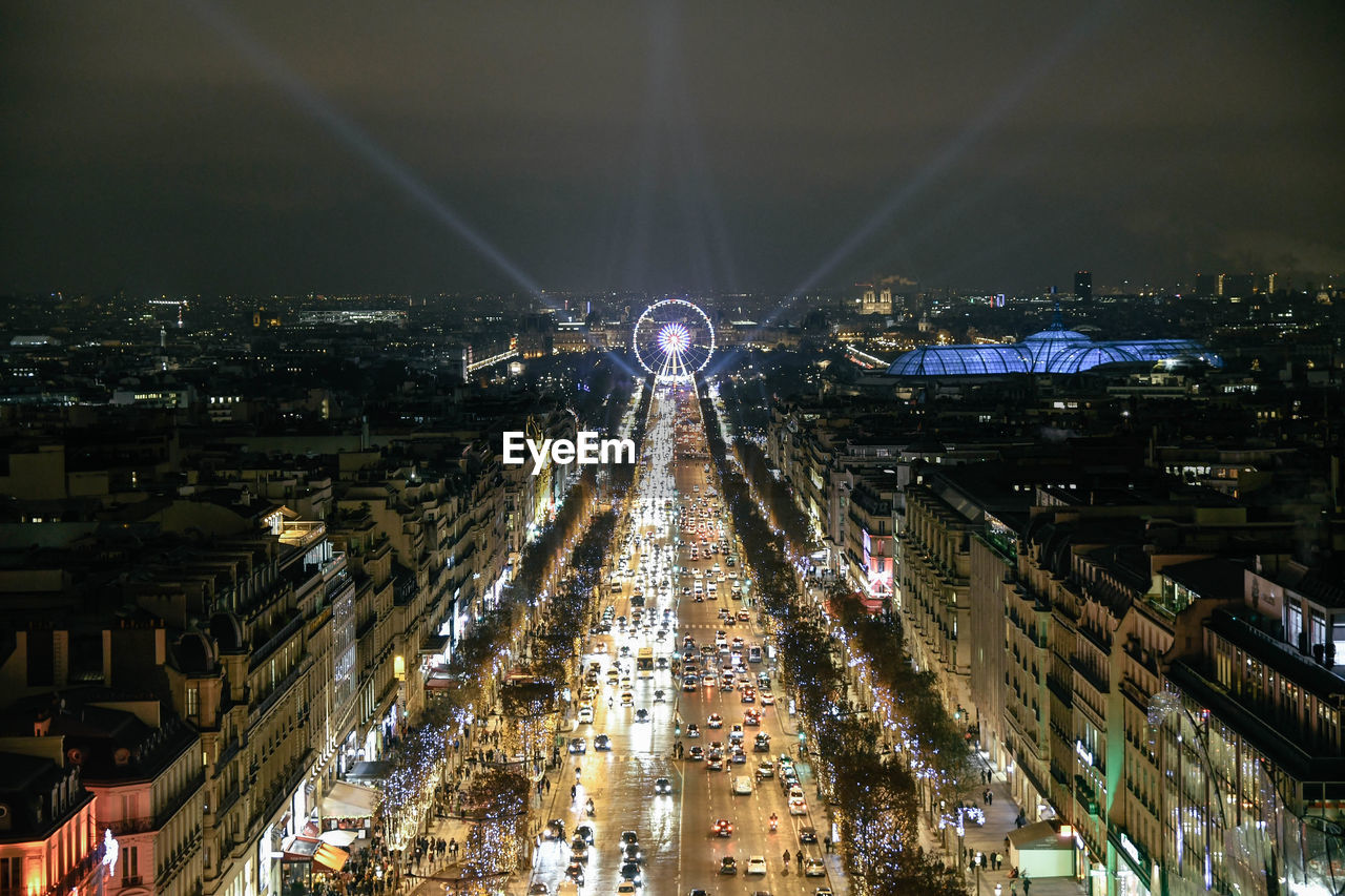 High angle view of city street at night