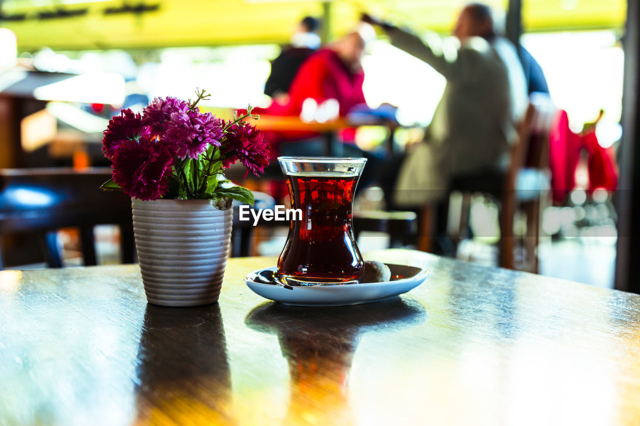 CLOSE-UP OF POTTED PLANT ON TABLE AT CAFE