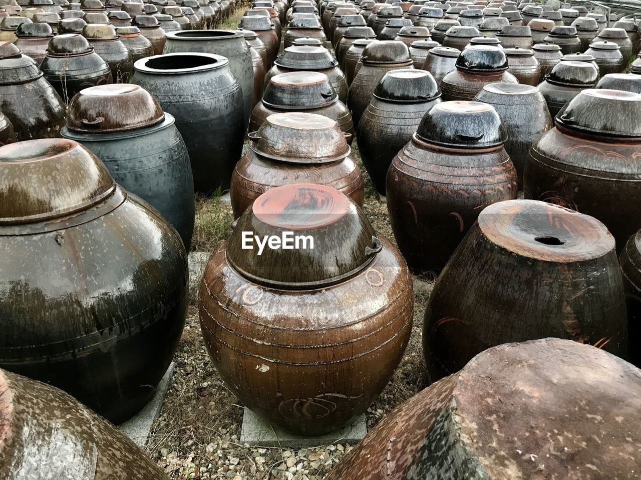 Full frame shot of pots arranged