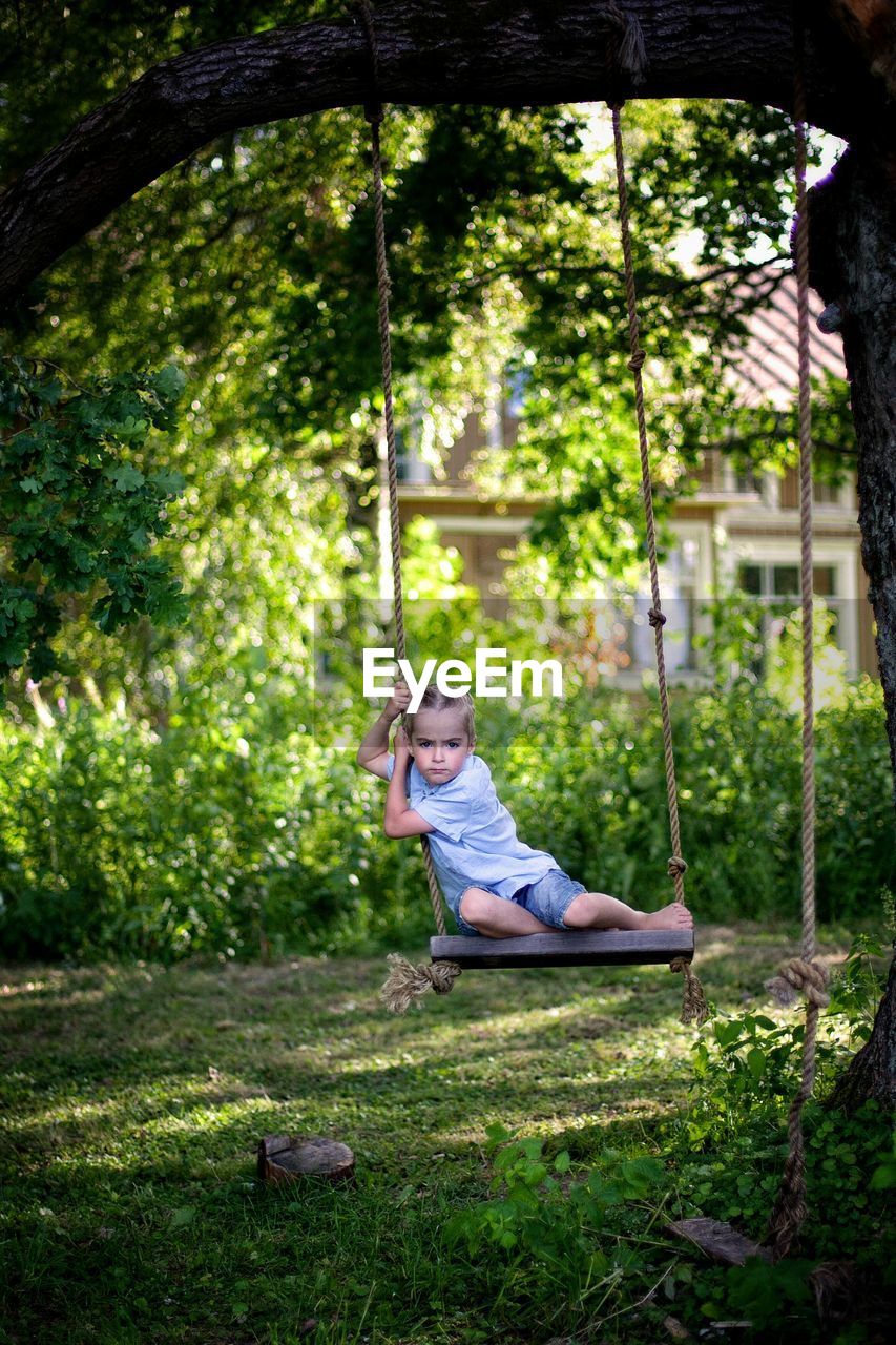 Portrait of boy relaxing on rope swing hanging to tree in yard