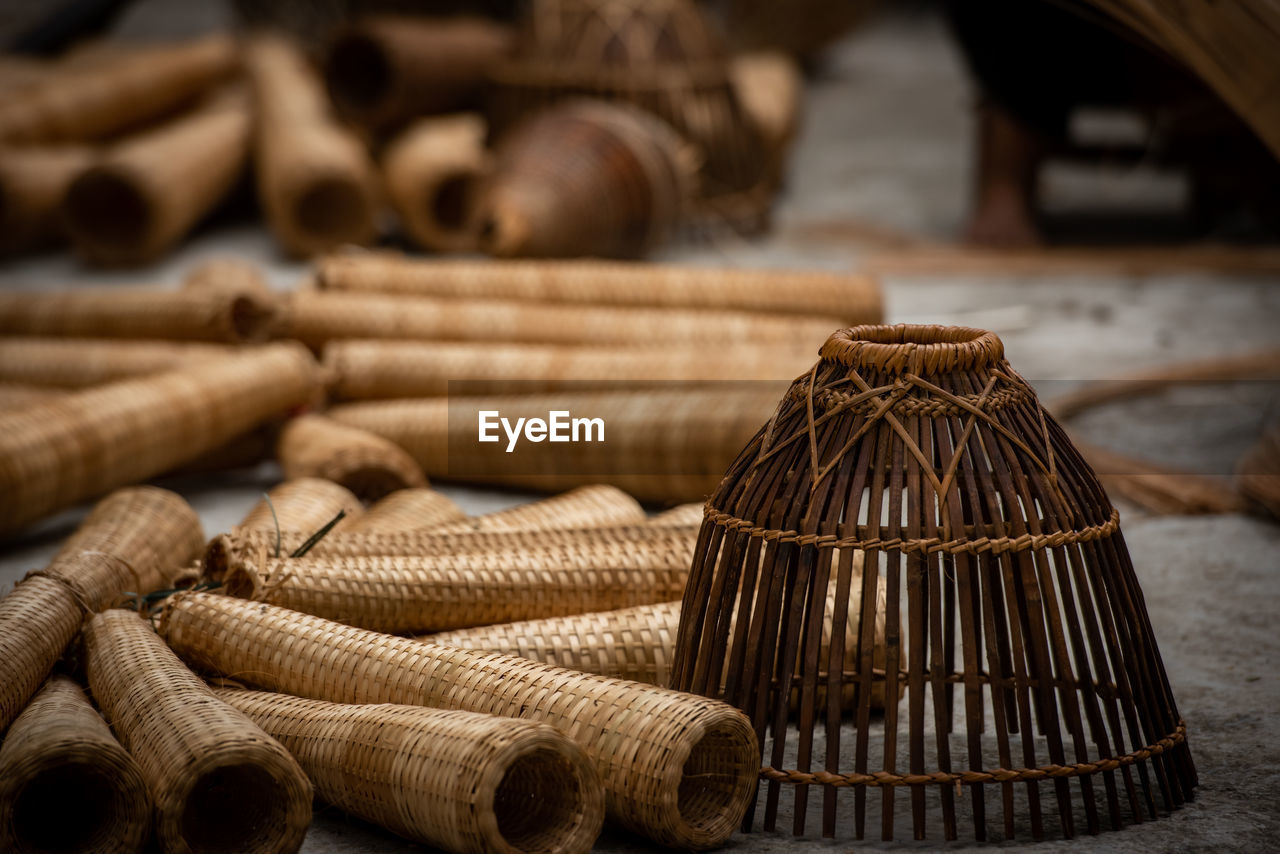 Close-up of stack of wicker basket