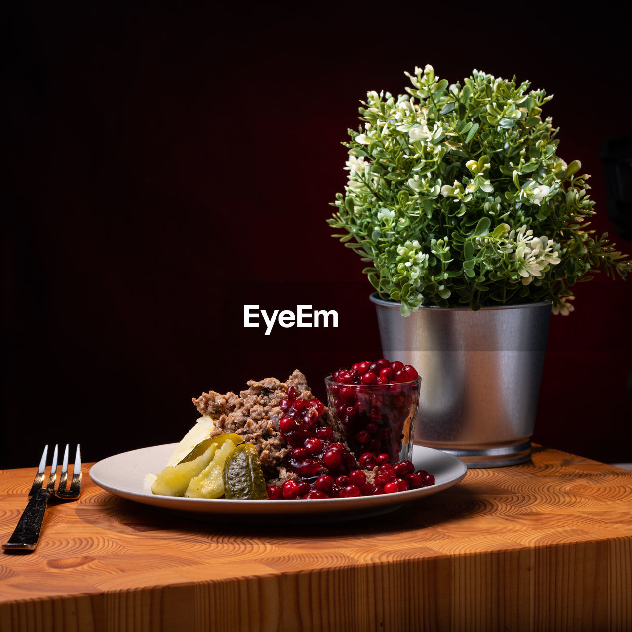 Traditional finnish cuisines. sautéed reindeer on a plate with lingoberry jam and picles on the side