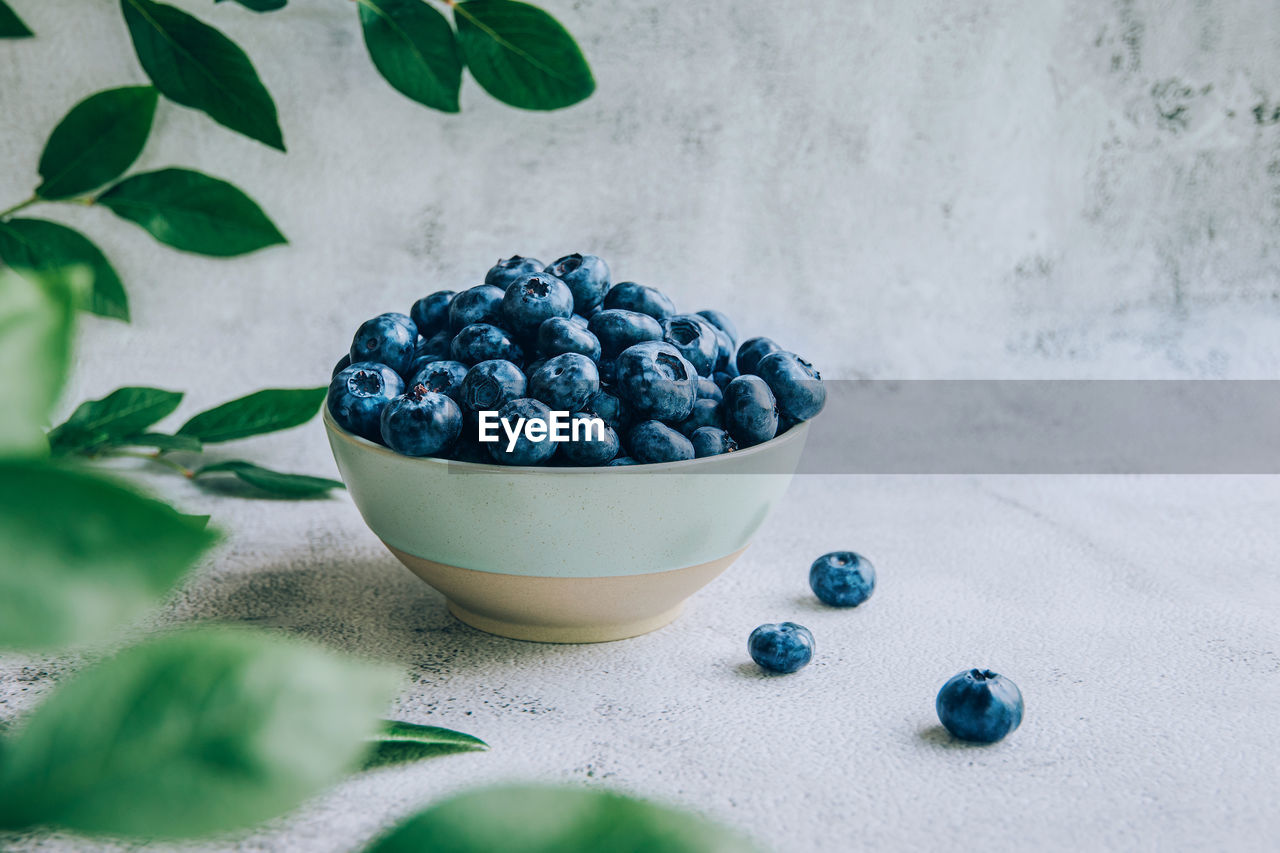 Ripe blueberry in a bowl with green leaves over gray table background with copy space.