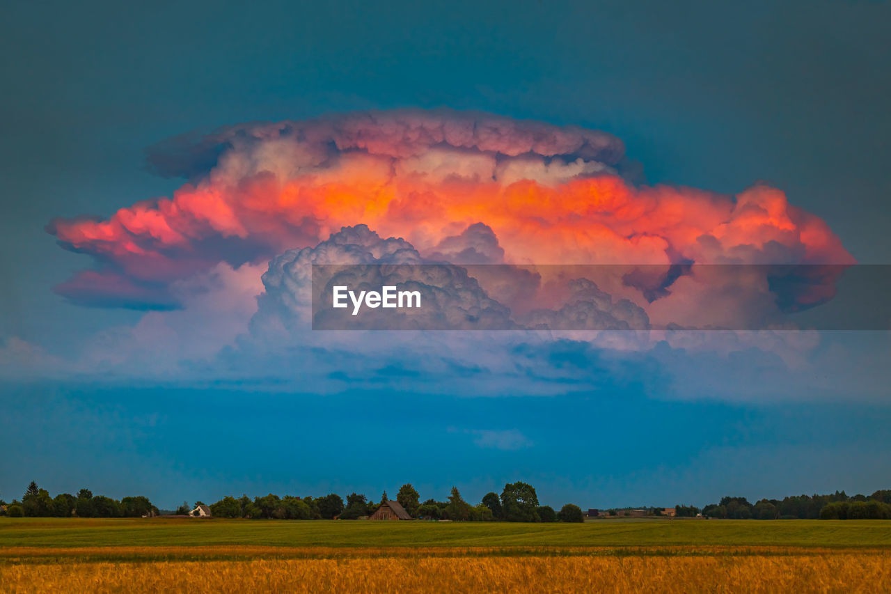 SCENIC VIEW OF AGRICULTURAL FIELD AGAINST SKY DURING SUNSET