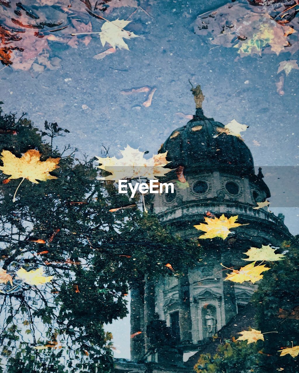 Reflection of historic building on puddle during autumn