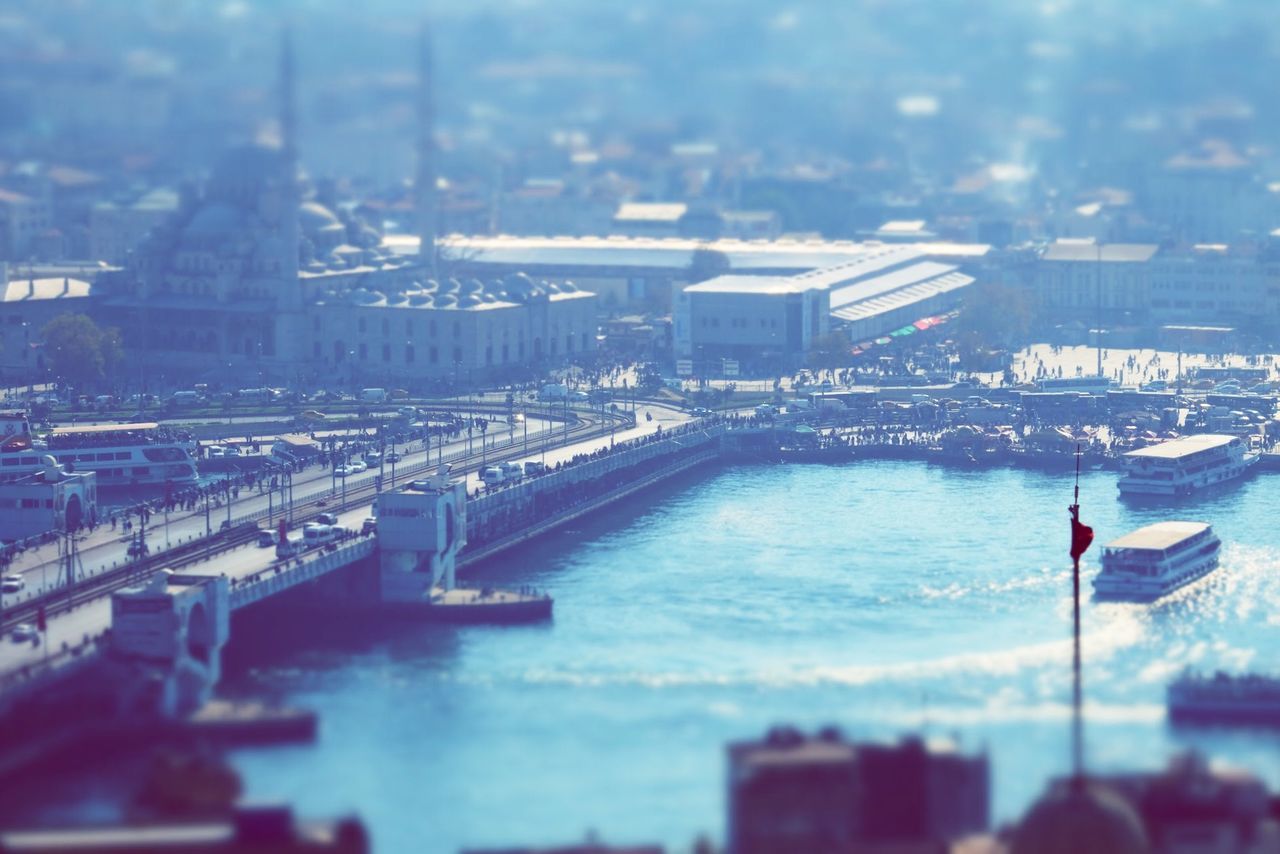 High angle view of harbor by bridge