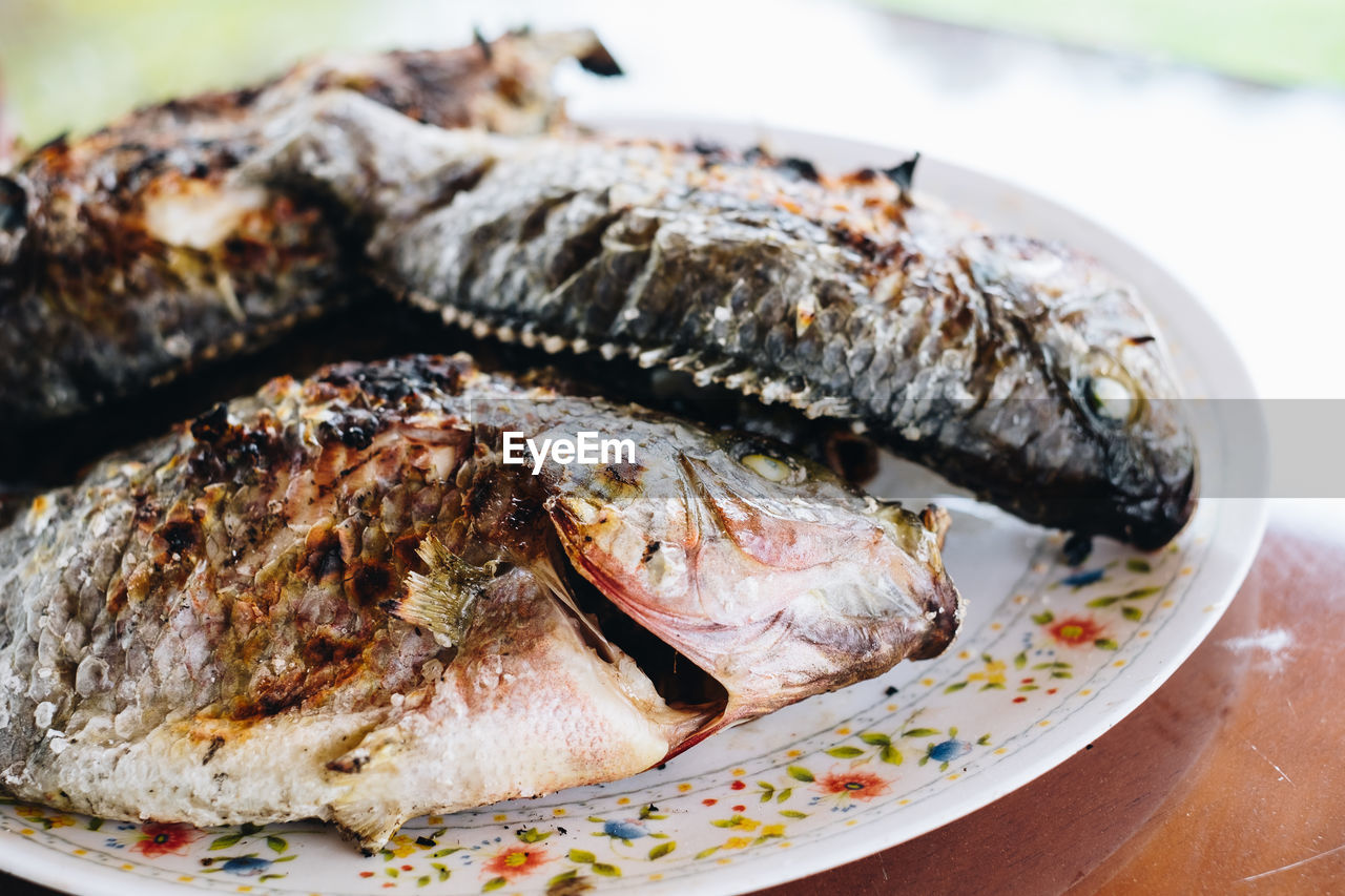 Close-up of fish in plate on table