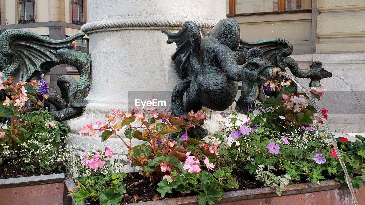 STATUE AMIDST FLOWERING PLANT