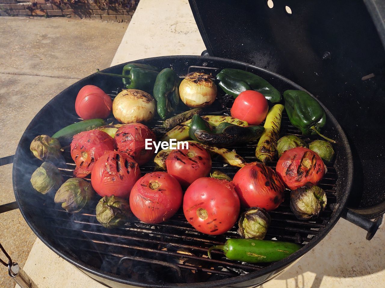 HIGH ANGLE VIEW OF VEGETABLES ON BARBECUE