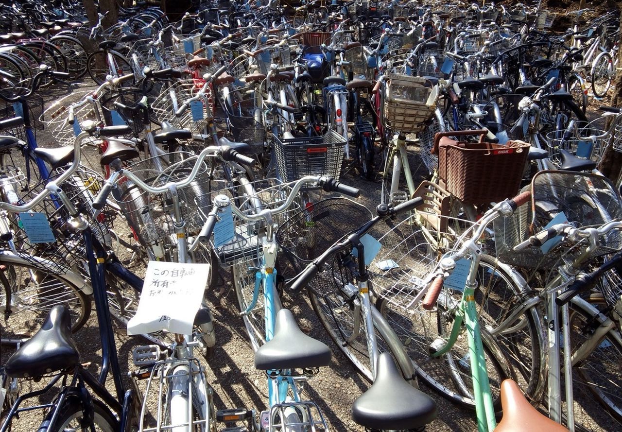 High angle view of bicycles in parking lot