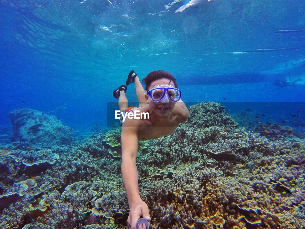 Close-up of man swimming in water