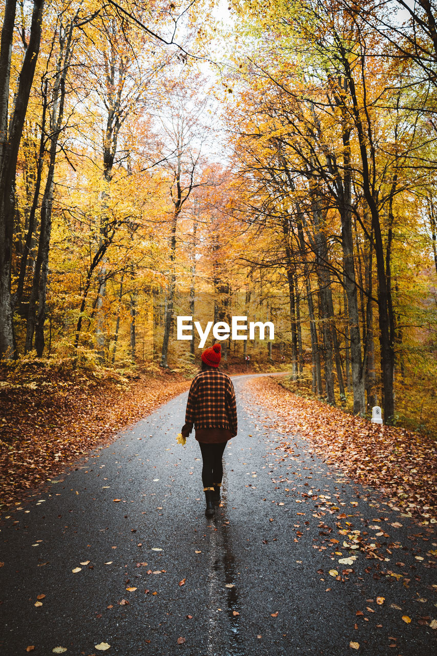 Rear view of woman walking on road during autumn