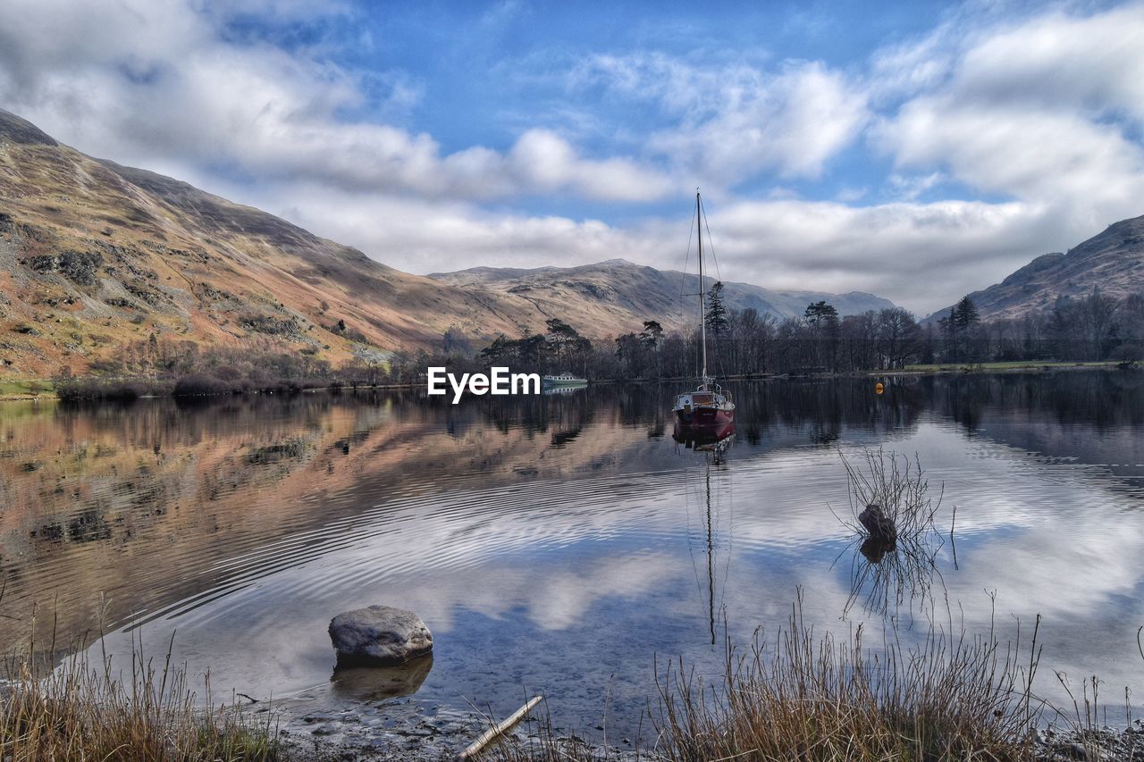 Scenic view of lake against cloudy sky