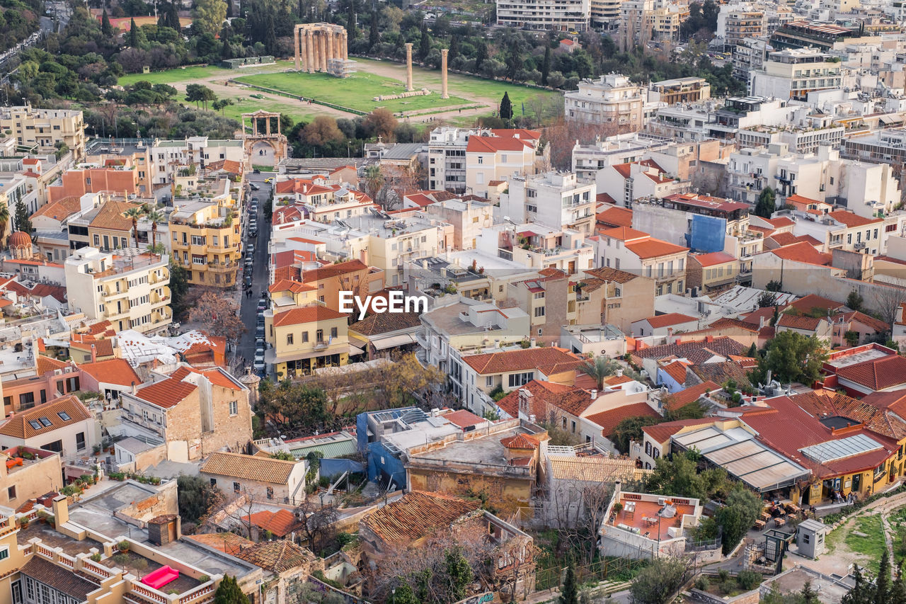 Aerial view of preserved historic buildings in the plaka neighborhood of athens, greece