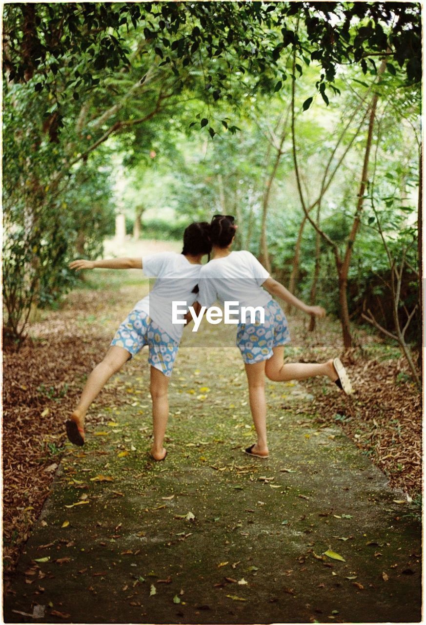 Rear view of girls standing in forest