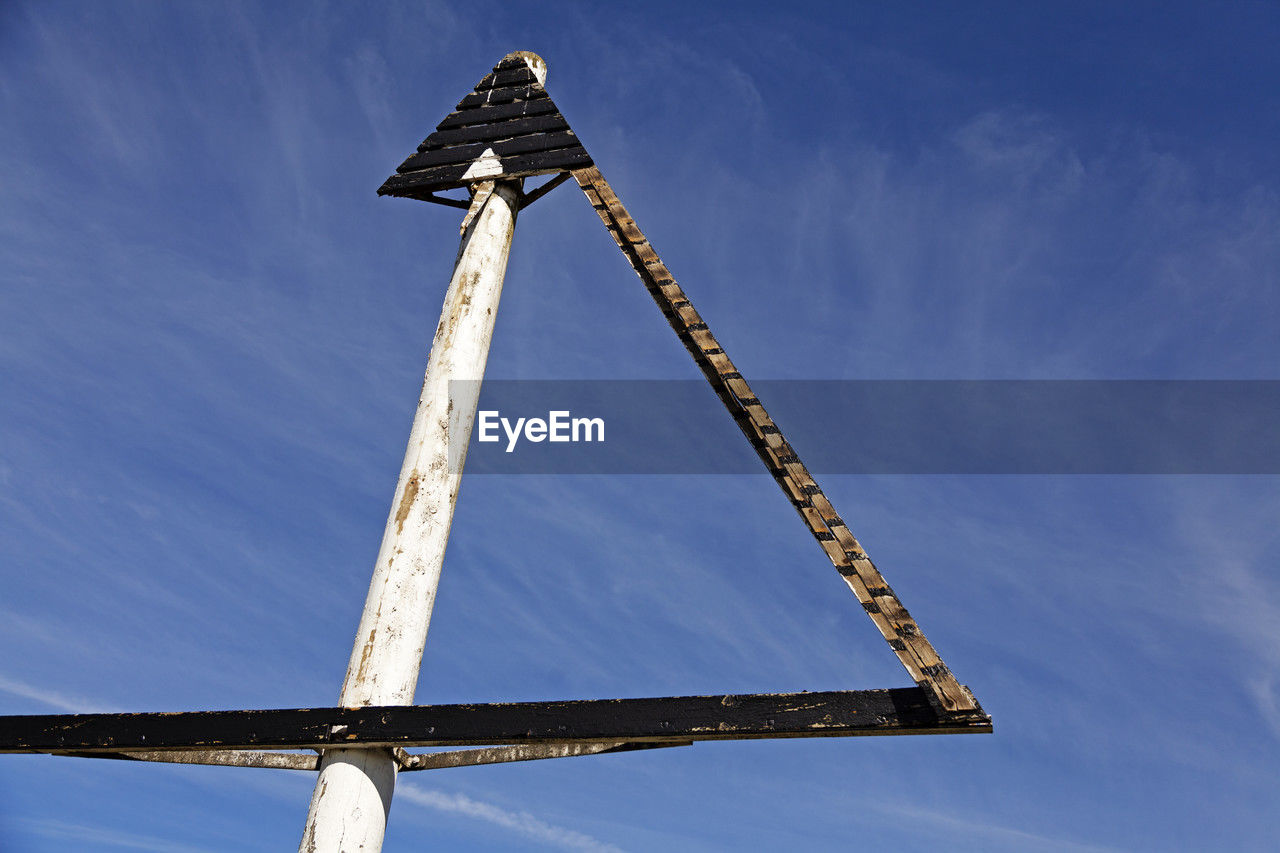 sky, blue, nature, low angle view, no people, architecture, mast, cloud, outdoors, day, wind, metal, built structure