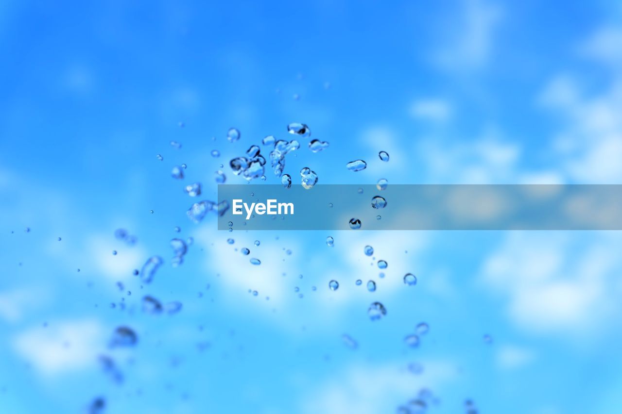 Close-up of water drops against blue sky