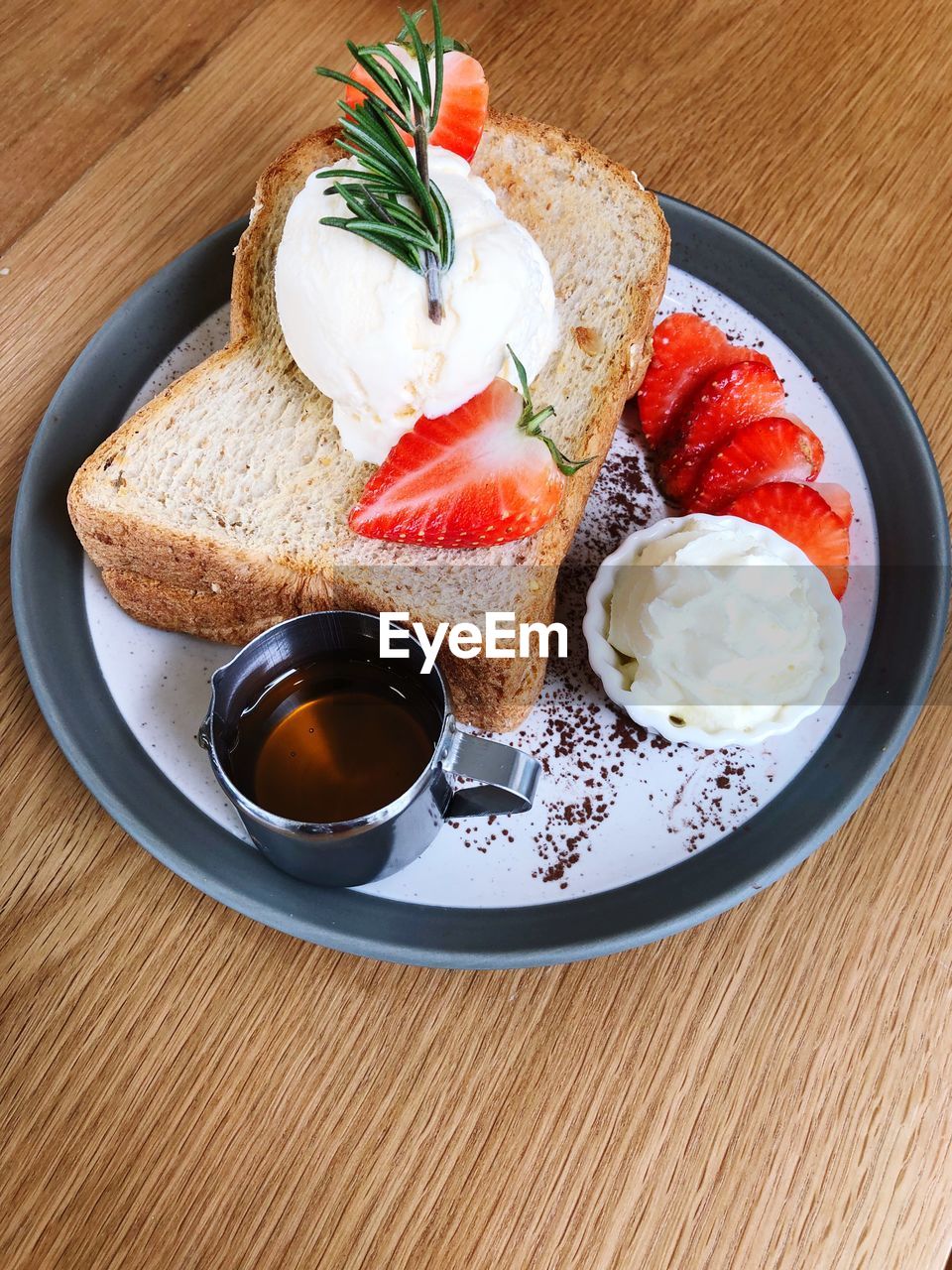 High angle view of breakfast served on table