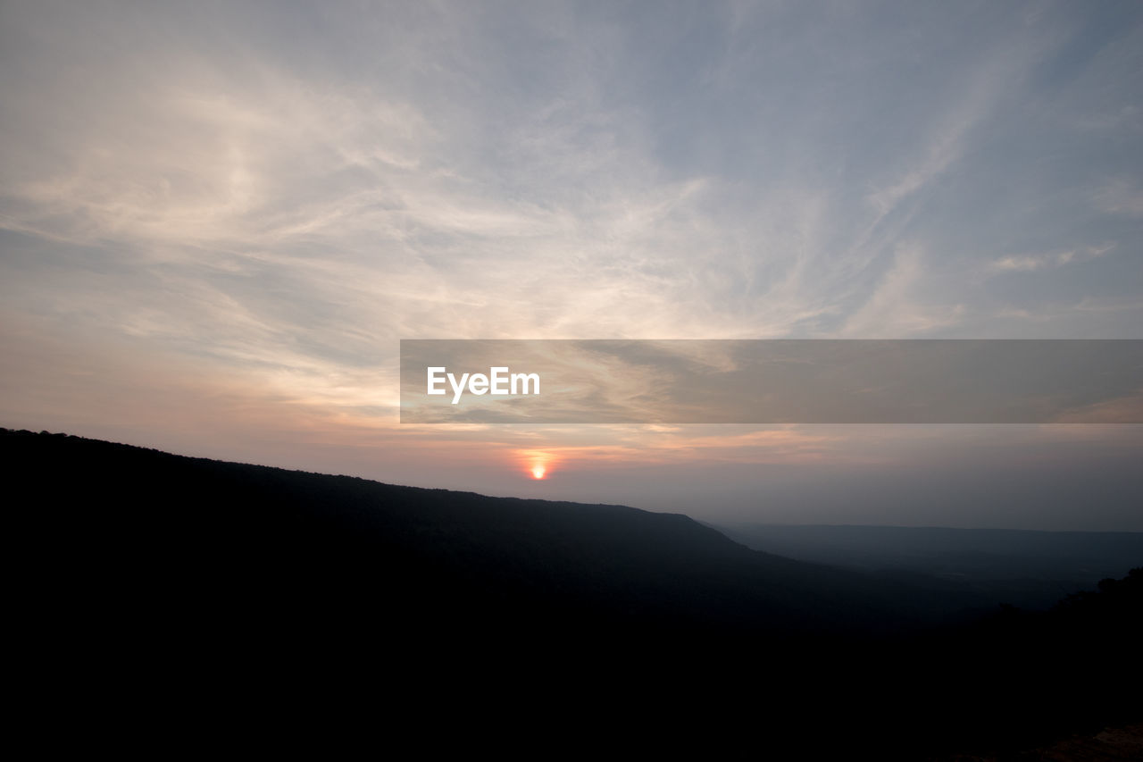 SILHOUETTE MOUNTAINS AGAINST SKY DURING SUNSET