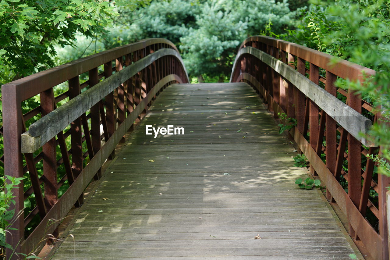 Wooden arched footbridge in summer