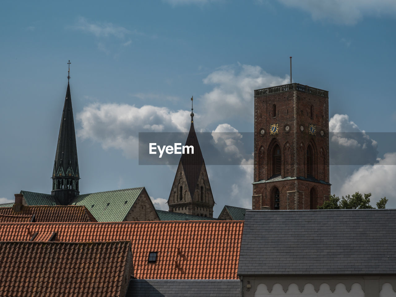 Ribe cathedral and tile roofs in the old danish town ribe