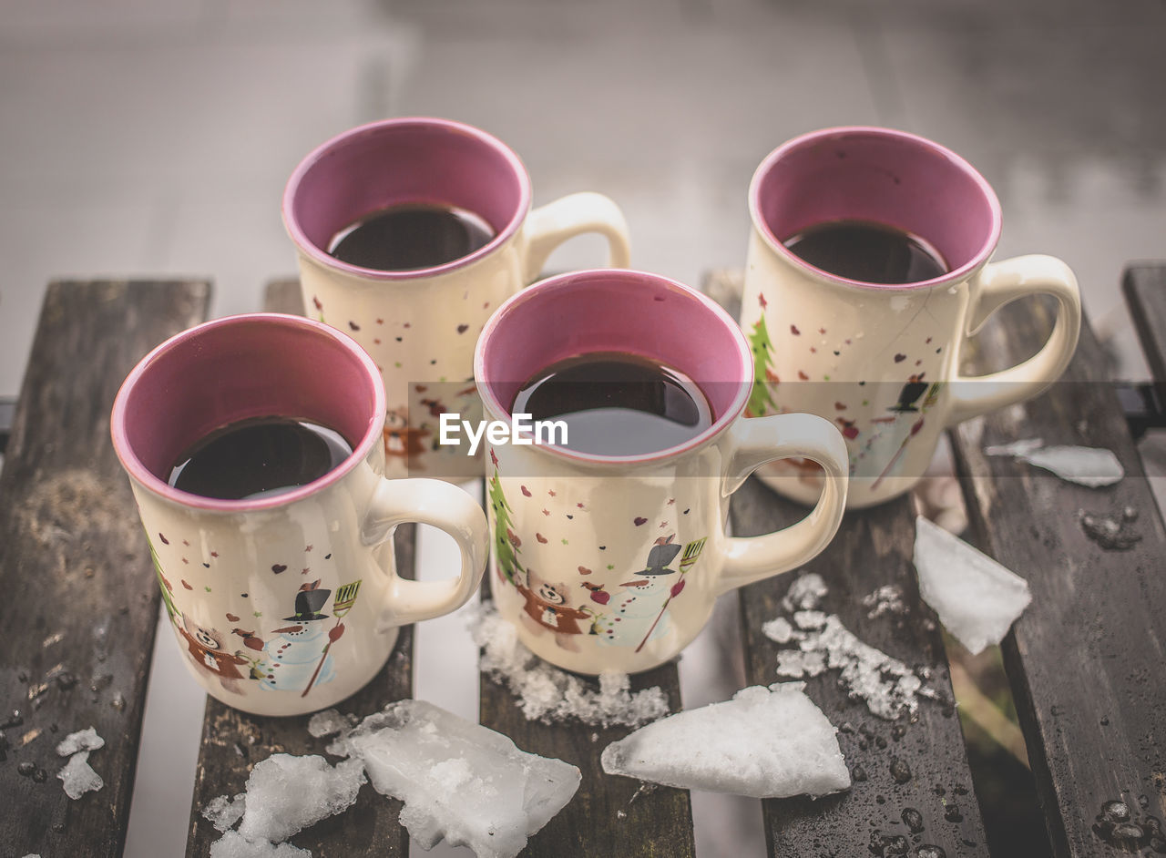 High angle view of hot wines in mug during winter