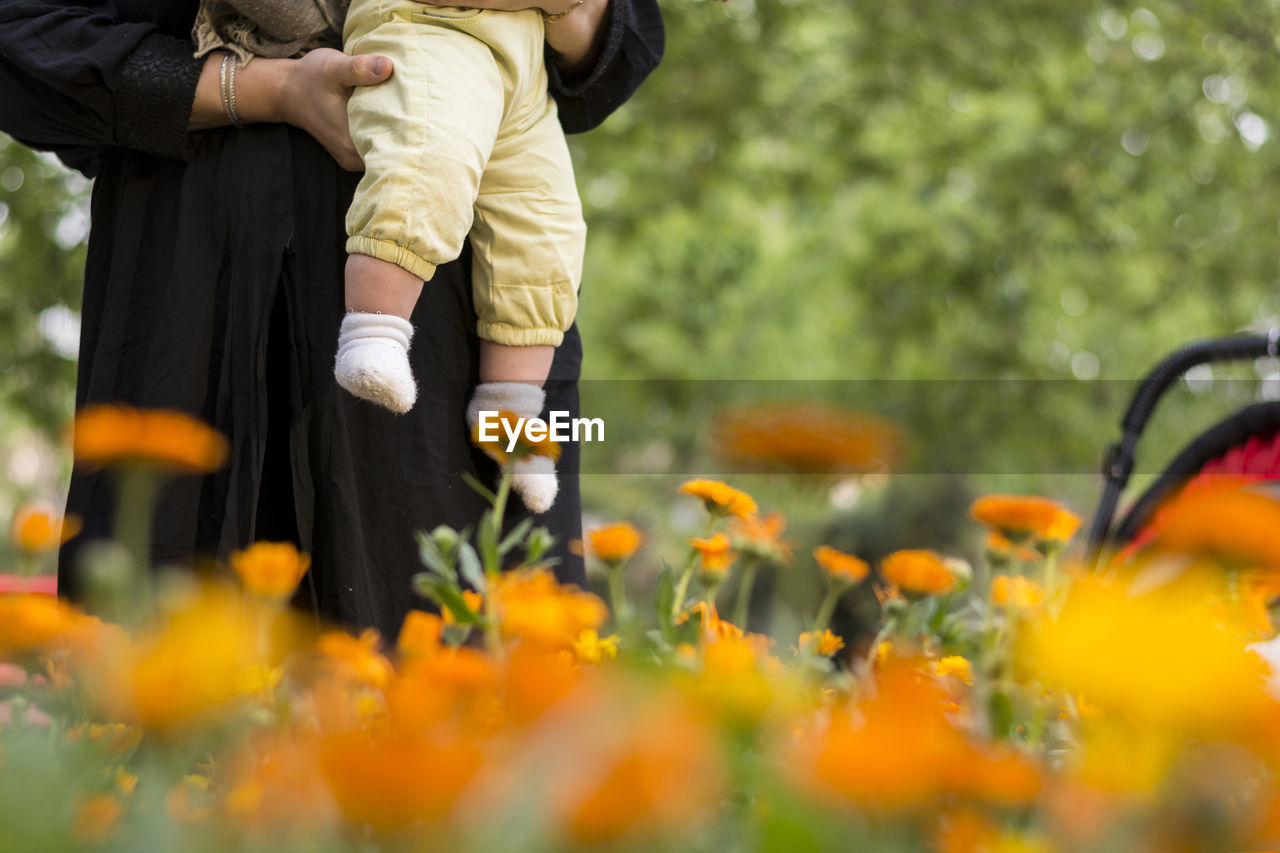 Midsection of woman holding baby by flowers