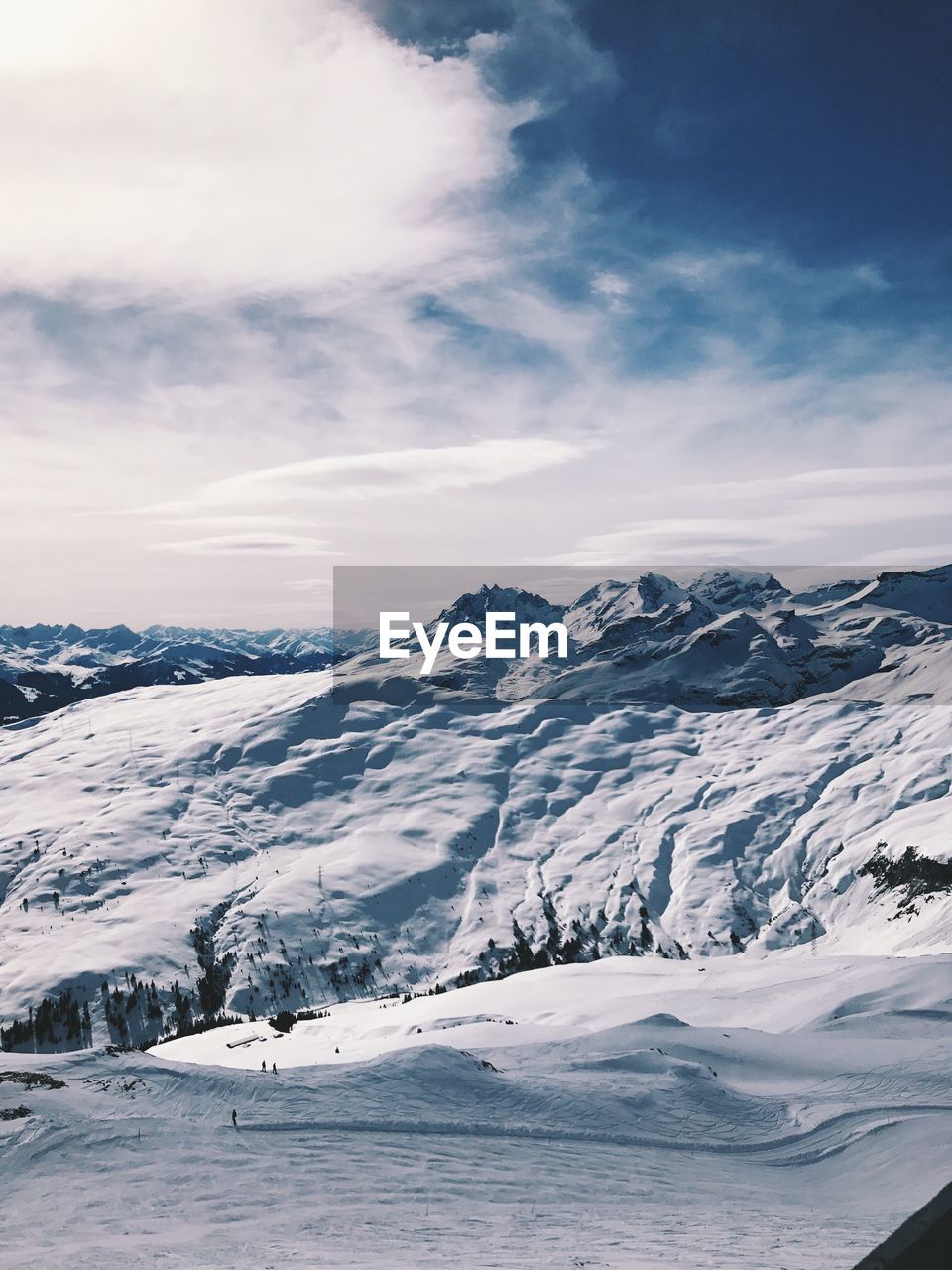 Scenic view of snow covered mountains against sky