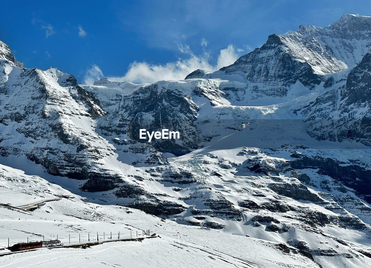 Scenic view of snowcapped swiss mountains against sky