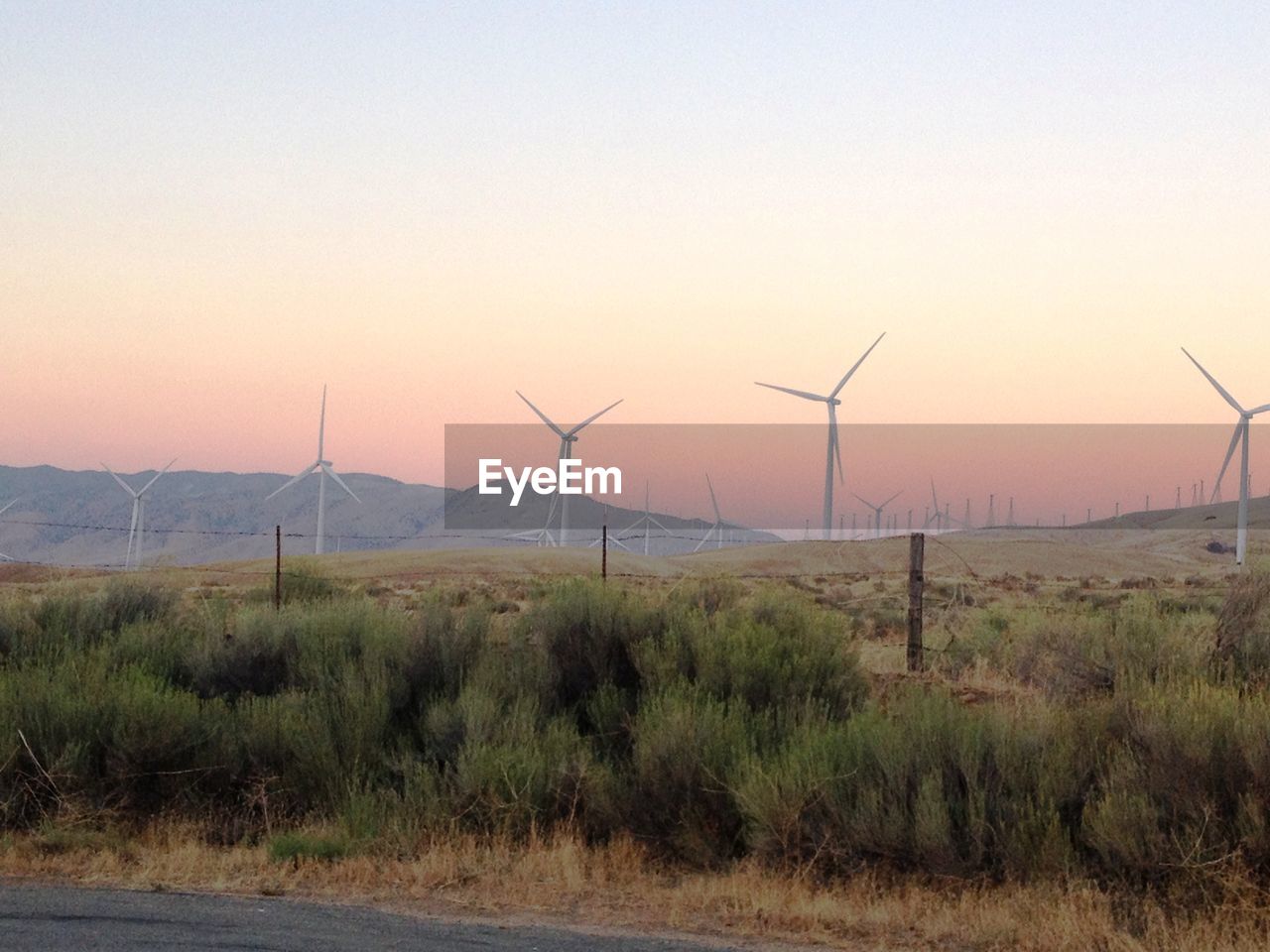 WIND TURBINES ON FIELD AGAINST SKY