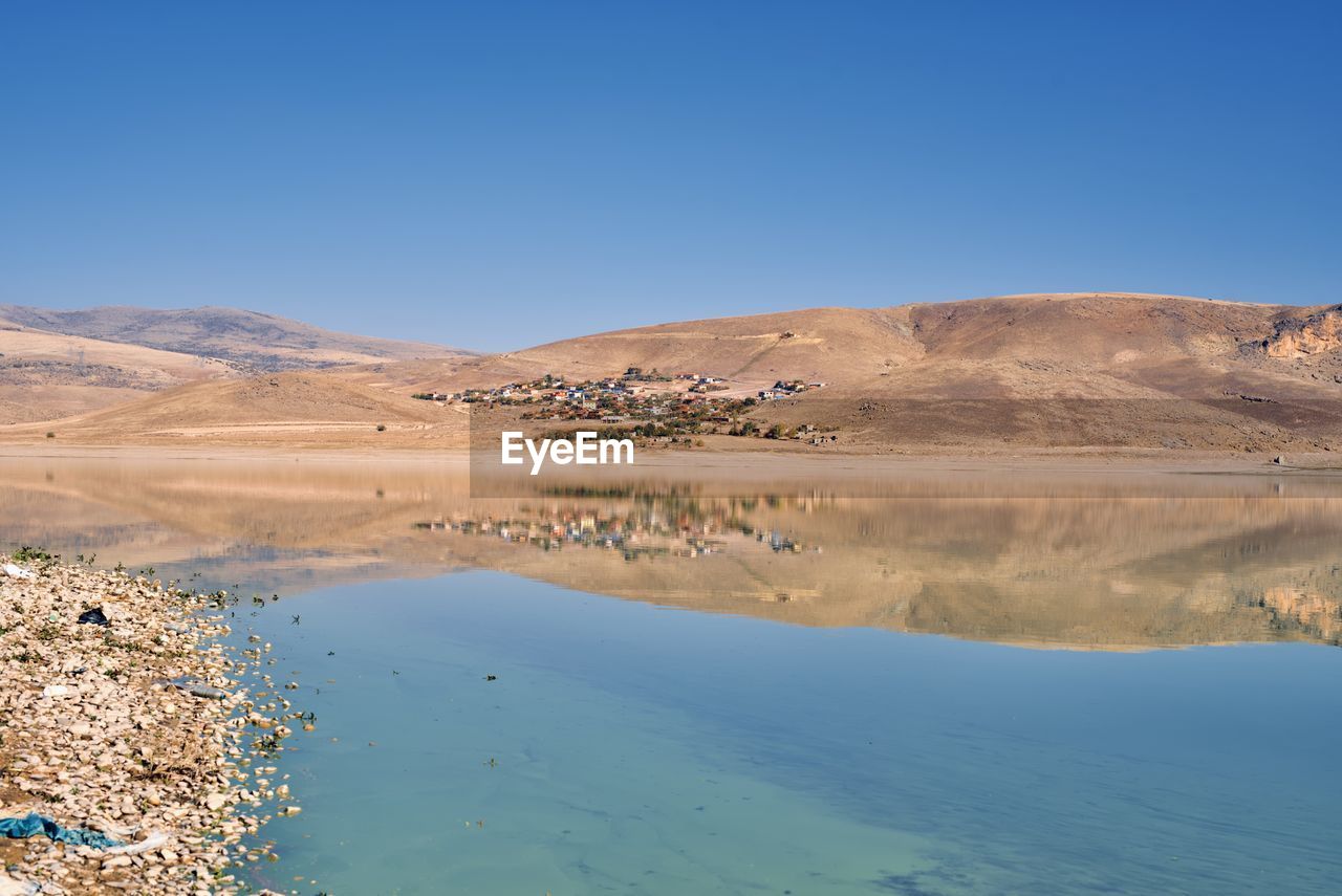 Scenic view of lake against clear blue sky