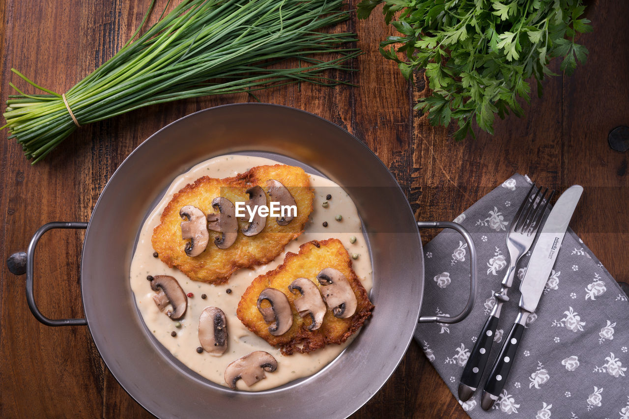 High angle view of food in bowl on table