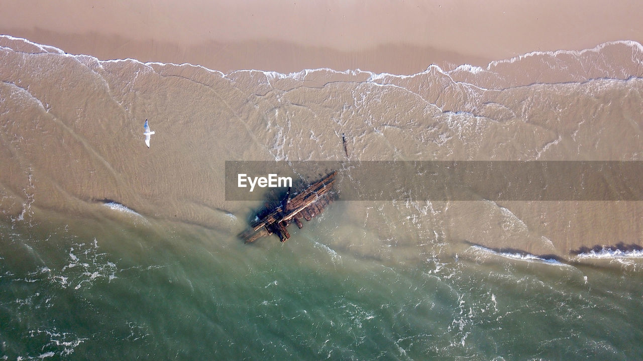 High angle view of shipwreck at chatham cape cod. 