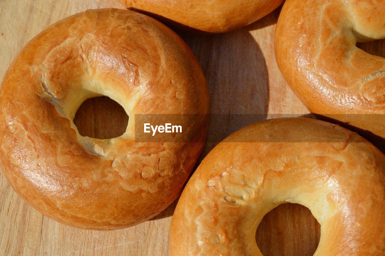 High angle view of bagels on table