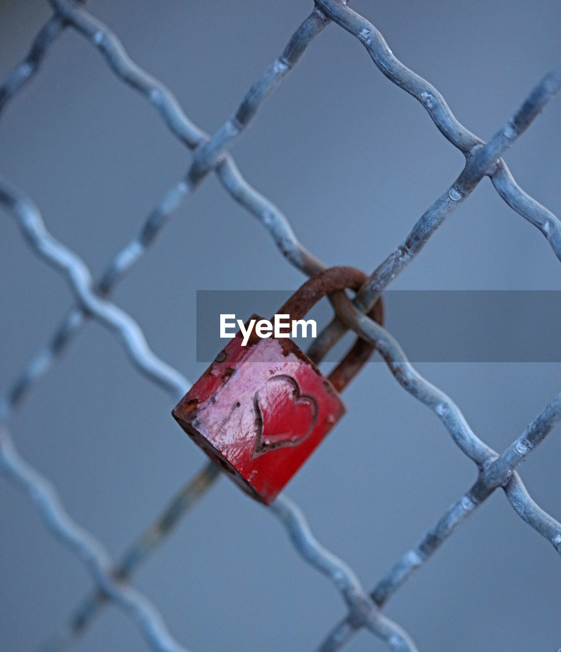 close-up of padlock hanging on chainlink fence