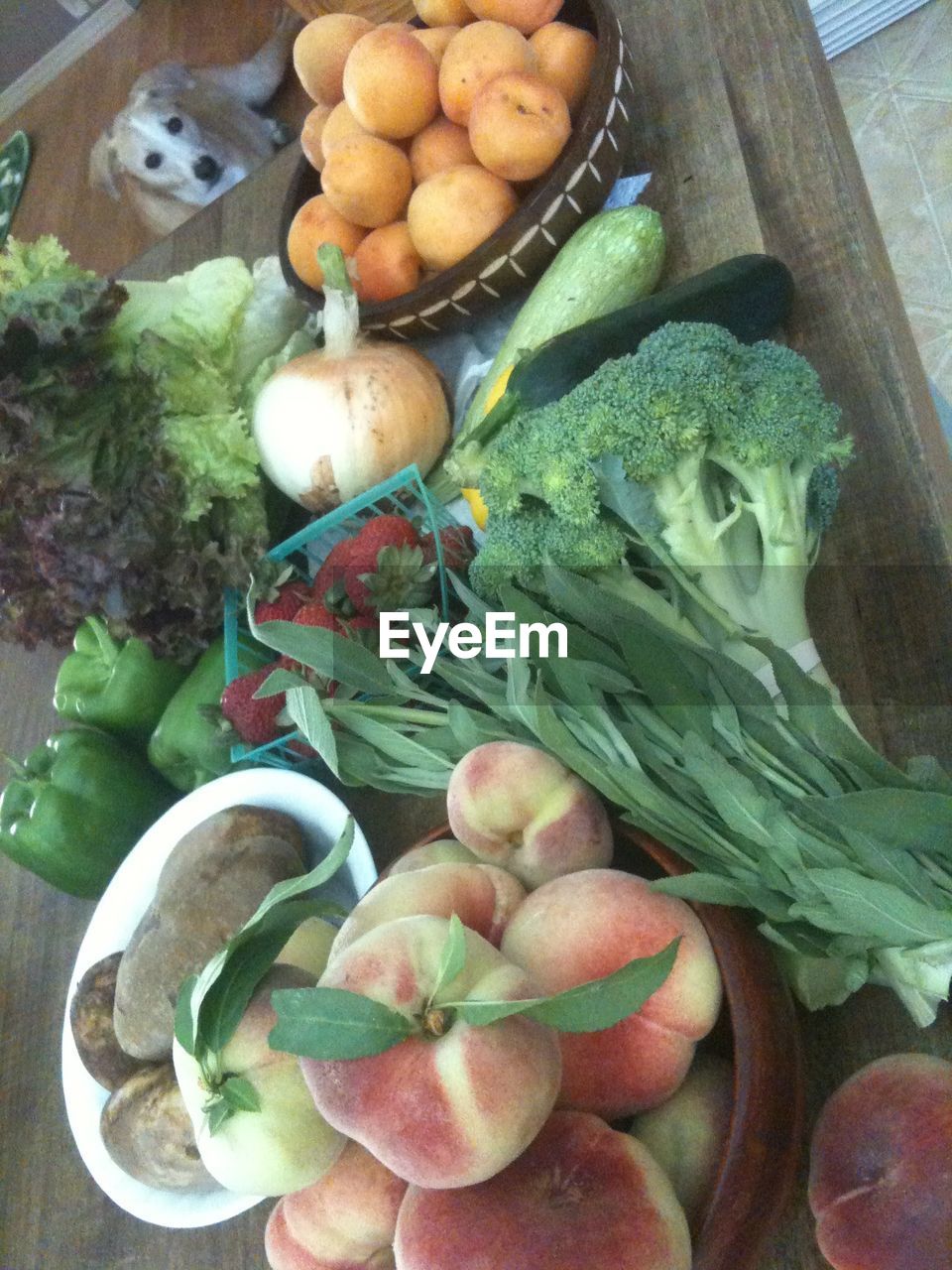 HIGH ANGLE VIEW OF FRUITS AND VEGETABLES IN CONTAINER