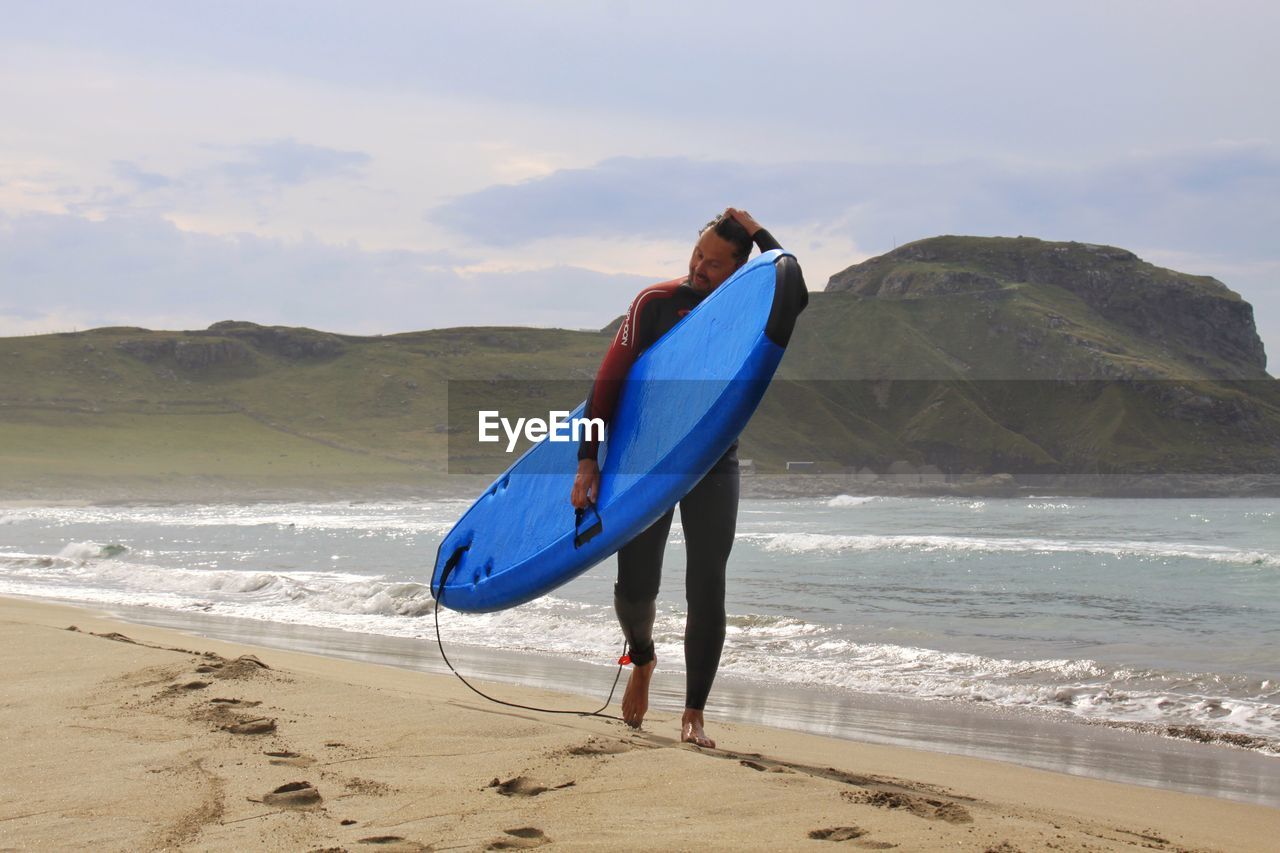 REAR VIEW OF MAN ON BEACH