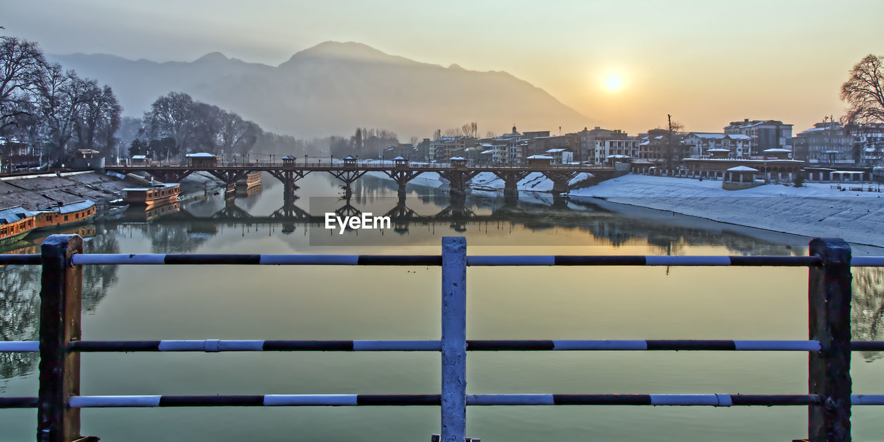 Bridge over river against sky during winter, zero bridge srinagar kashmir 