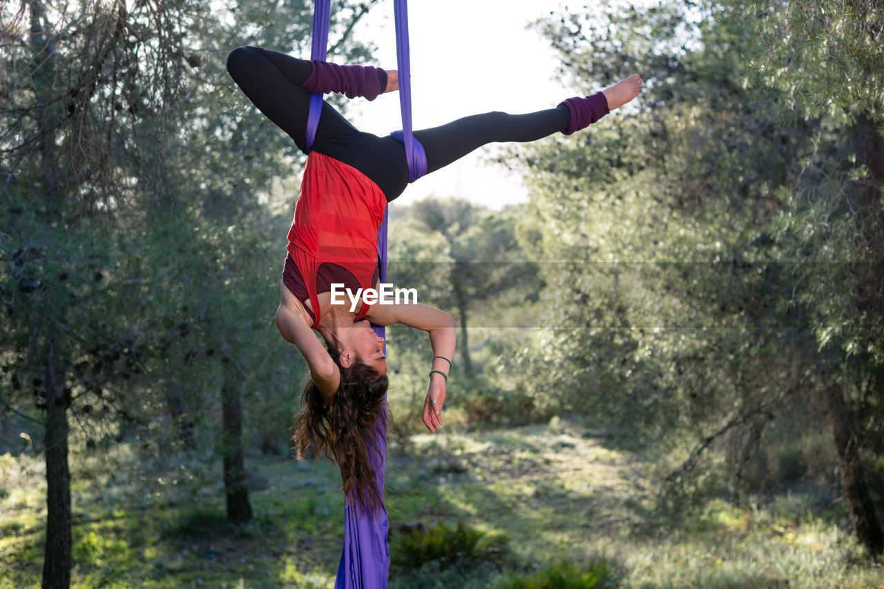 Young girl acrobat. practicing aerial silks. woman doing circus stunts with clothes in the forest. inverted hip lock position.