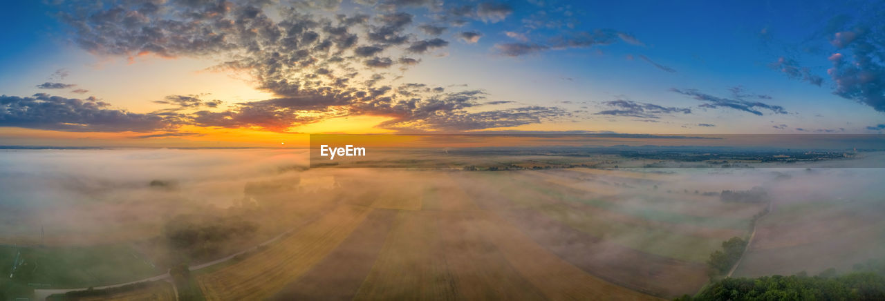 A beautiful foggy morning at the early sunset in summer. My Best Photo Fog Morning Landscape Sunrise Field Idyllic Nature Pure Aerial View Drone  High Angle View Sky Early Morning Flight Airplane Misty Foggy Dust Moment