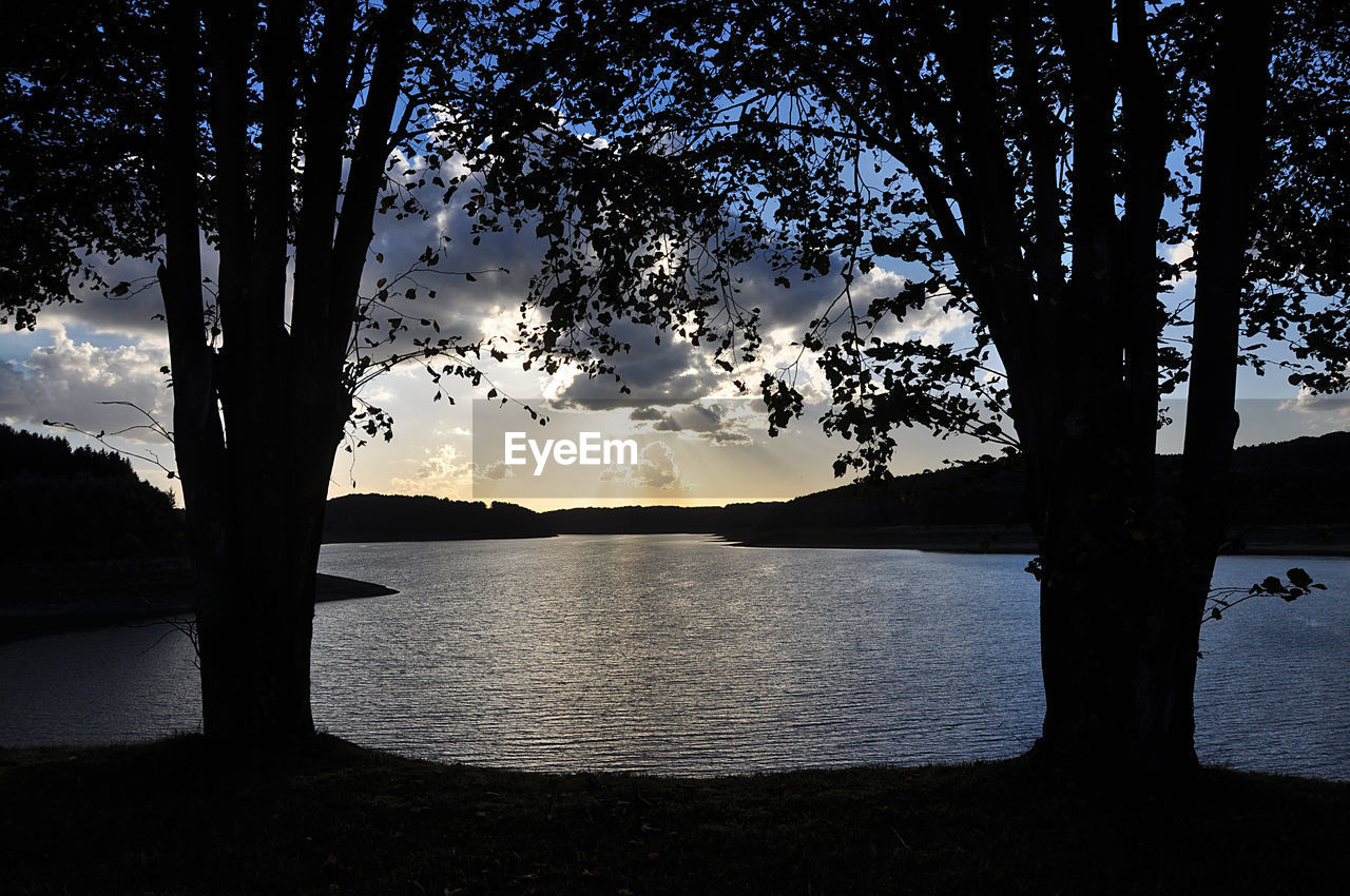 SILHOUETTE TREES BY LAKE AGAINST SKY AT SUNSET