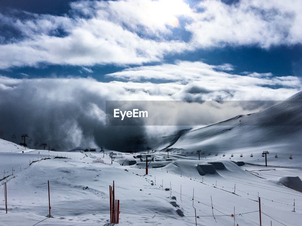 SNOW COVERED LANDSCAPE AGAINST SKY
