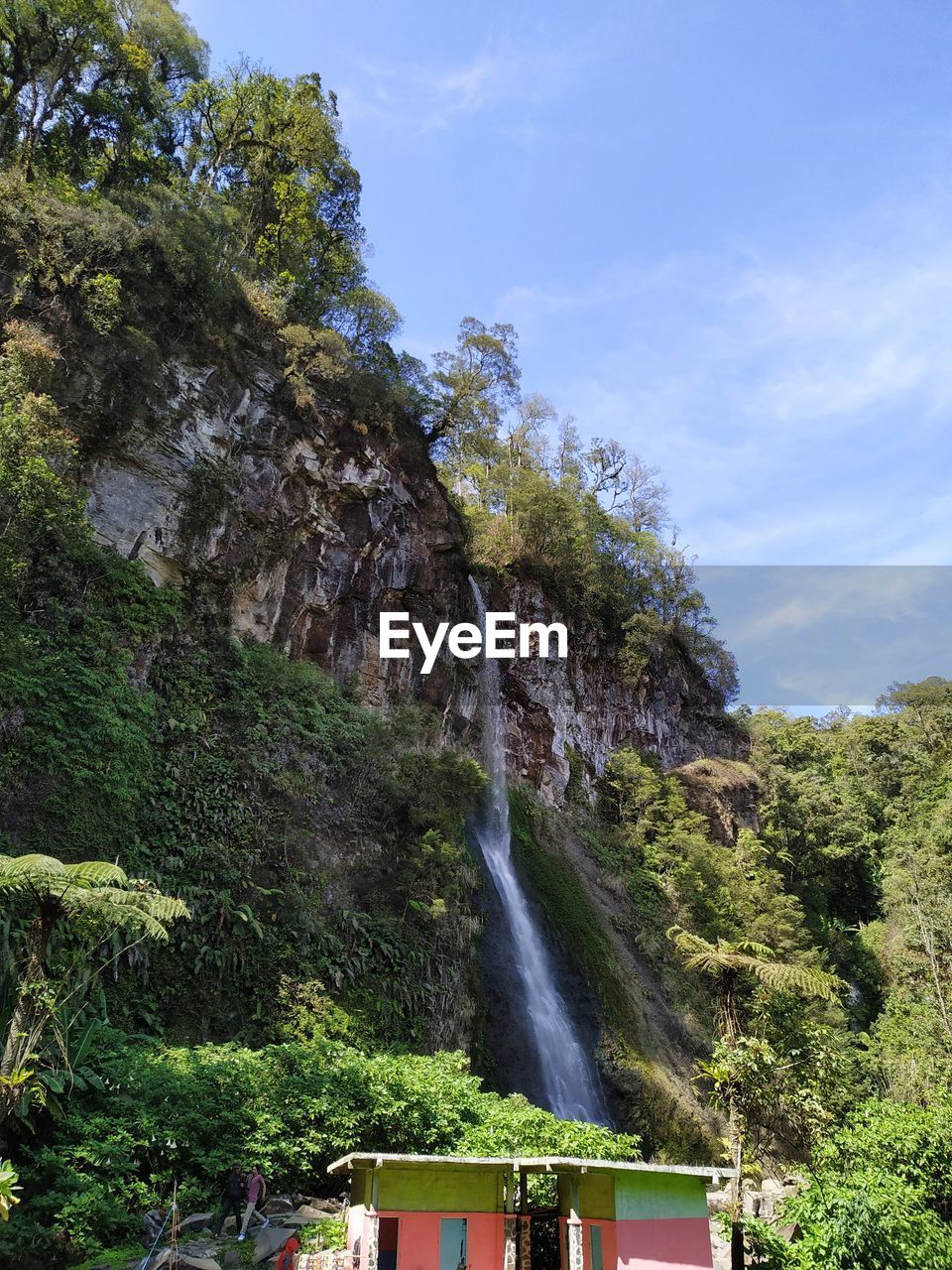 Scenic view of waterfall against sky