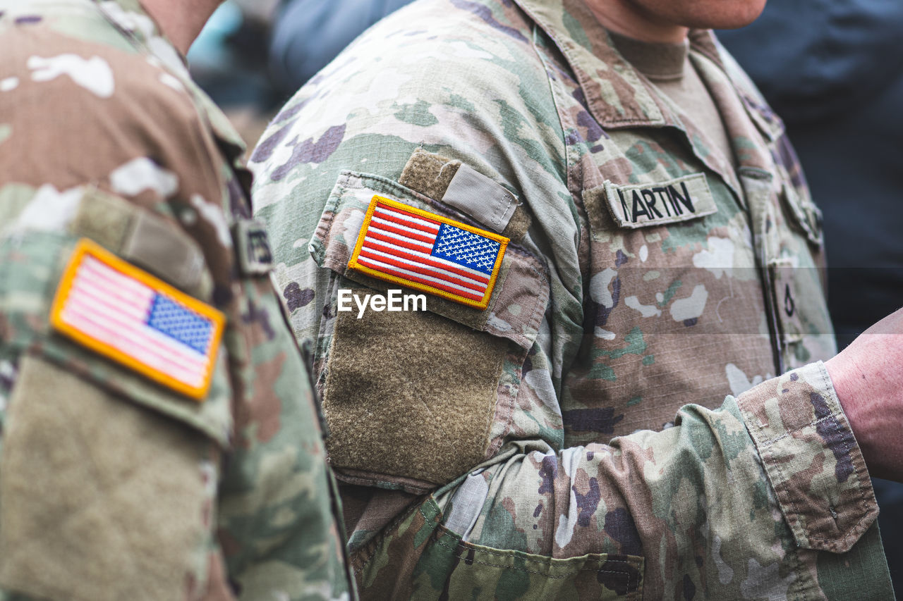 Flag of united states marine corps, usa or us army, on a soldiers uniform, ready for war, nato