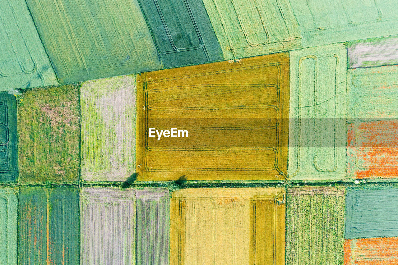 Agricultural fields from aerial drone view. colorful pattern.