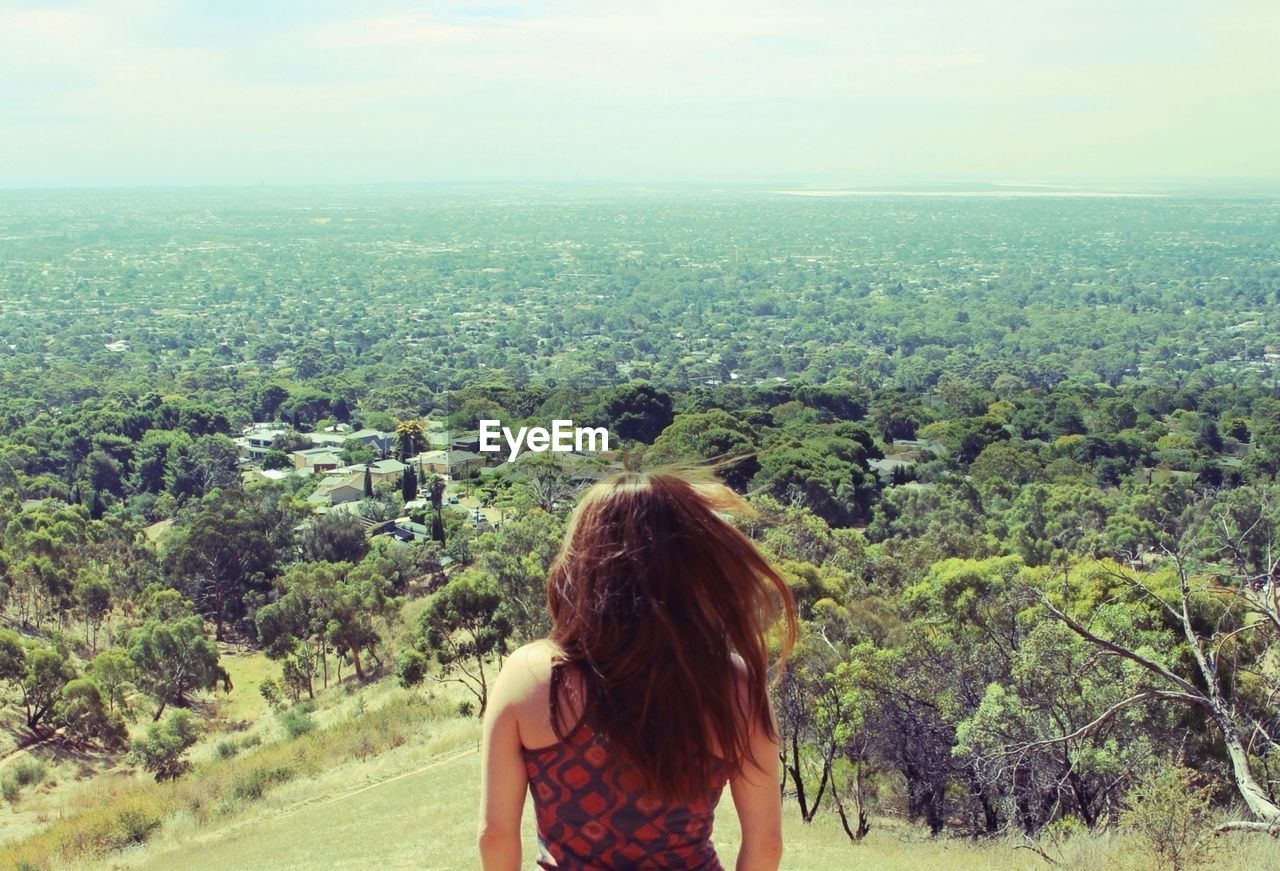 Rear view of woman looking at green landscape