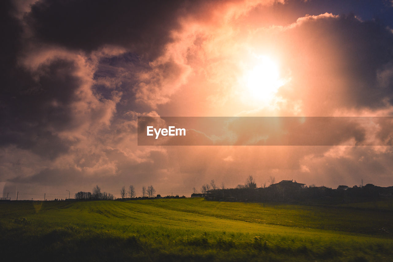 Scenic view of field against sky during sunset